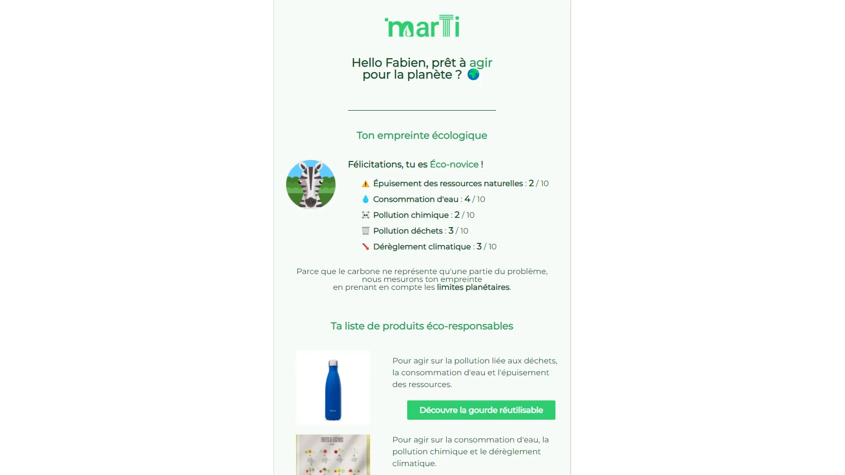 The personnalized mail the user received after measuring their footprint